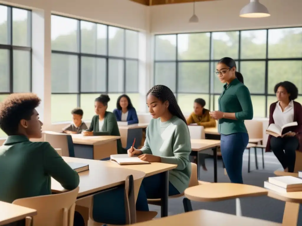 Un aula moderna con estudiantes diversos colaborando en equipo, rodeados de libros