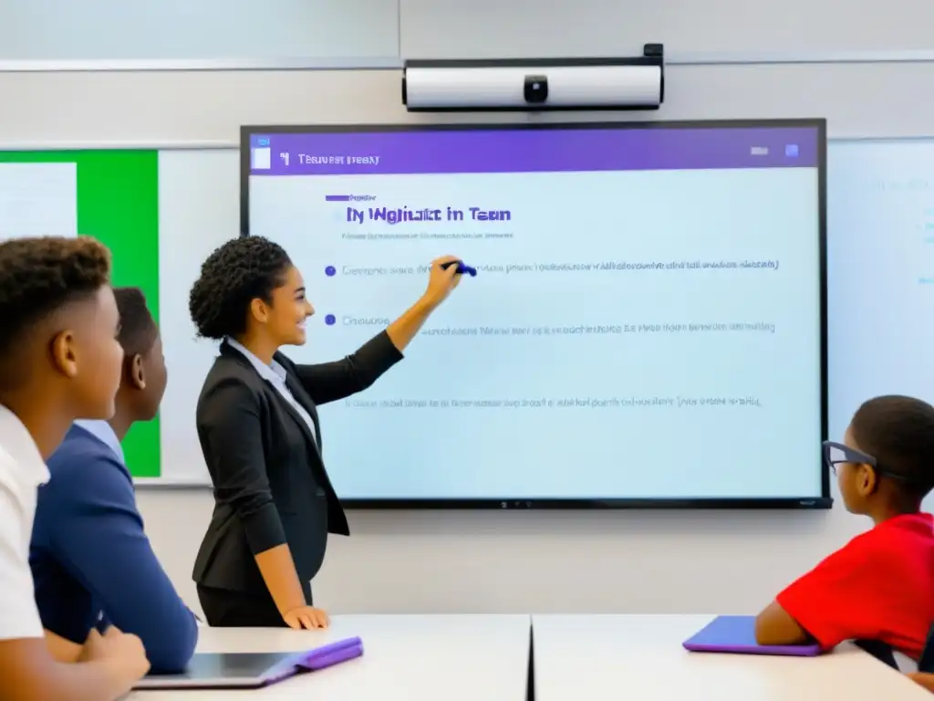 Un aula moderna en Uruguay con estudiantes usando herramientas educativas de Microsoft Teams para aprender juntos