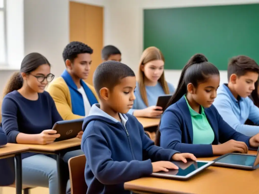 Un aula moderna con estudiantes utilizando herramientas digitales para evaluaciones educativas