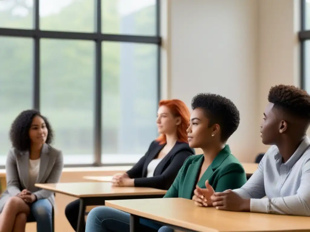 Un aula moderna con estudiantes diversos discutiendo, representando inclusión y diversidad sexual en educación en Uruguay