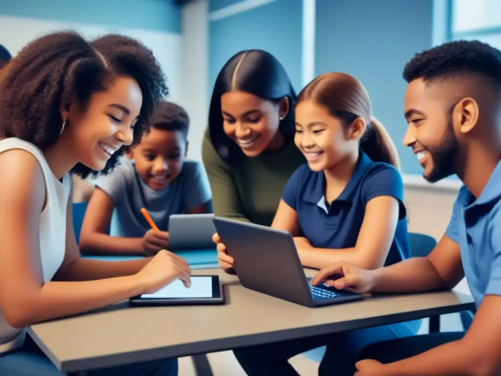 Un aula moderna donde estudiantes diversos disfrutan de juegos educativos en tablets y laptops