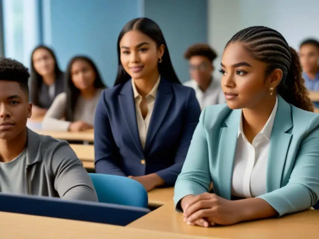 Un aula moderna donde estudiantes diversos colaboran juntos, promoviendo la inclusión y equidad en la educación