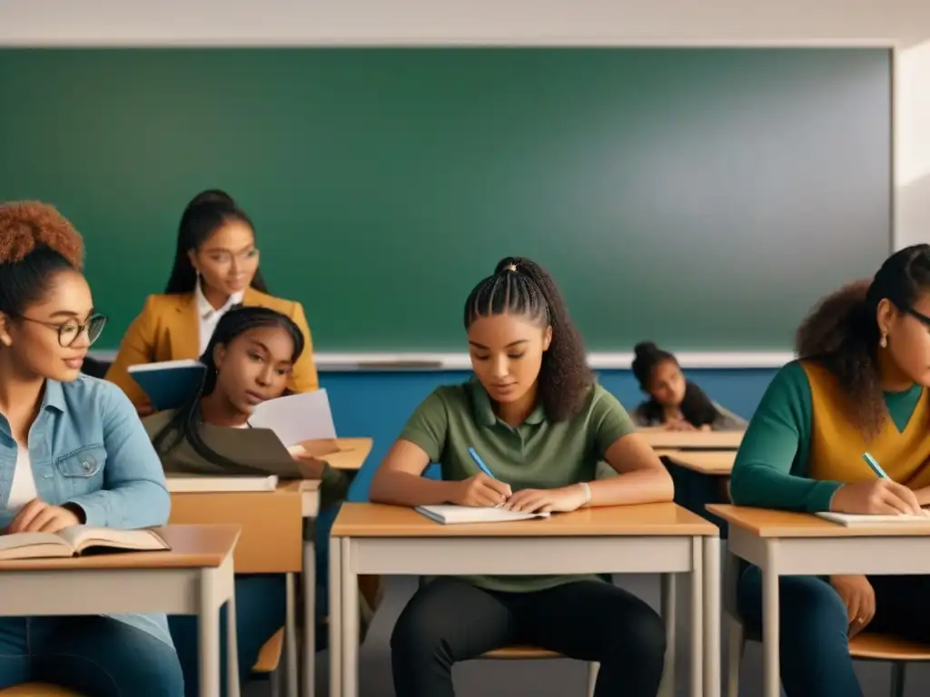 Un aula moderna con estudiantes diversos estudiando juntos, destacando la igualdad de género y la inclusión en la educación