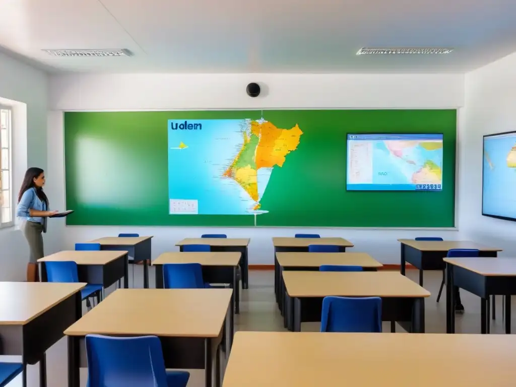 Un aula moderna en Uruguay con estudiantes participando en una lección interactiva, mostrando Software de Gestión Educativa Uruguay