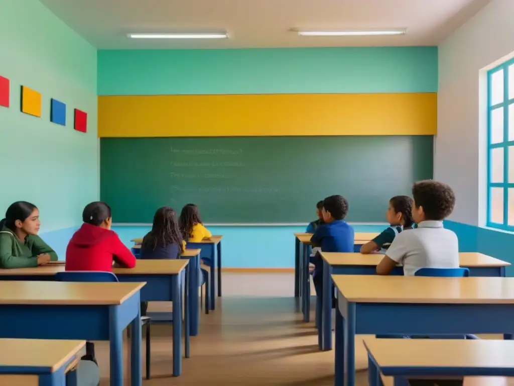 Un aula moderna en Uruguay, con estudiantes participando activamente en una lección bilingüe