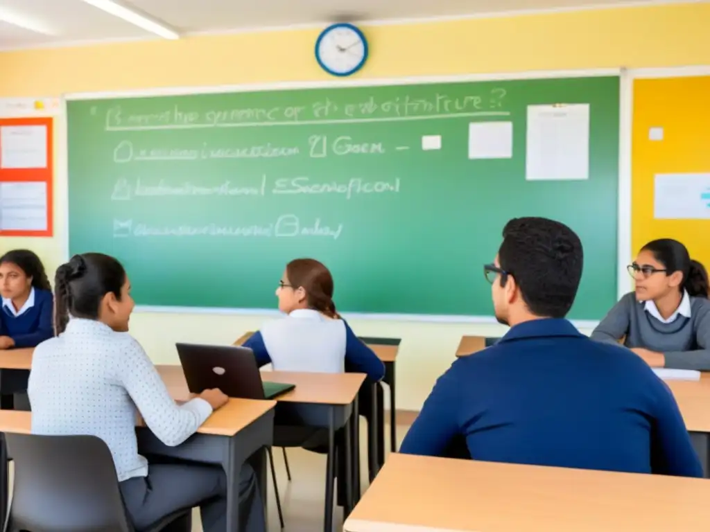 Un aula moderna en Uruguay con estudiantes y maestro discutiendo, laptops abiertas y pósters educativos en las paredes