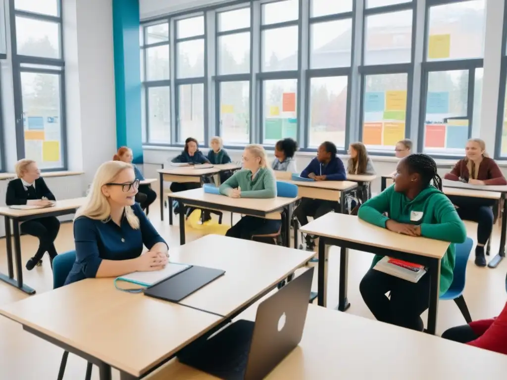 Un aula moderna en Finlandia con estudiantes participativos y diversidad étnica, reflejando el modelo educativo finlandés en Uruguay