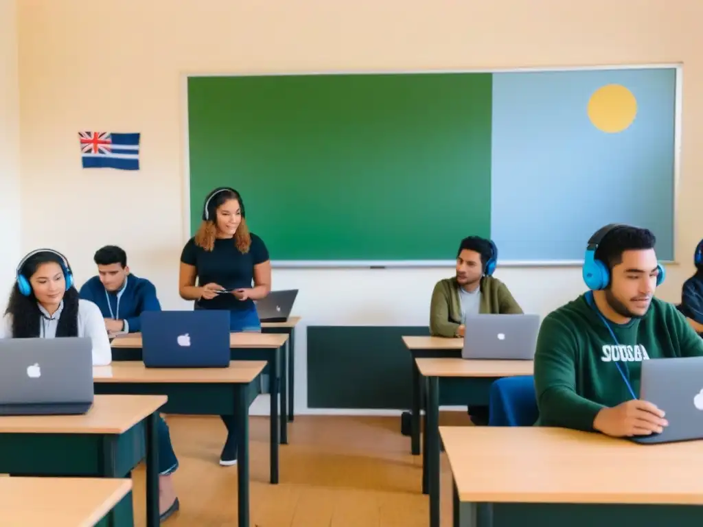 Un aula moderna en Uruguay con estudiantes creando podcasts