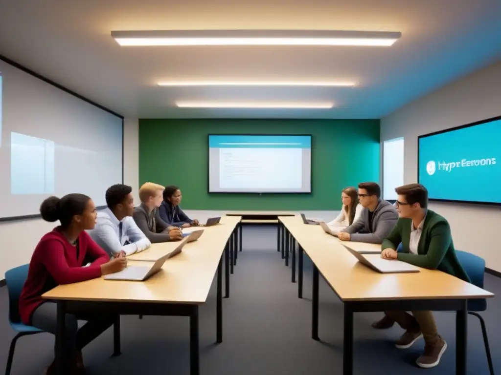 Aula moderna: estudiantes colaboran en proyectos con compromiso, fusionando tecnología y aprendizaje tradicional