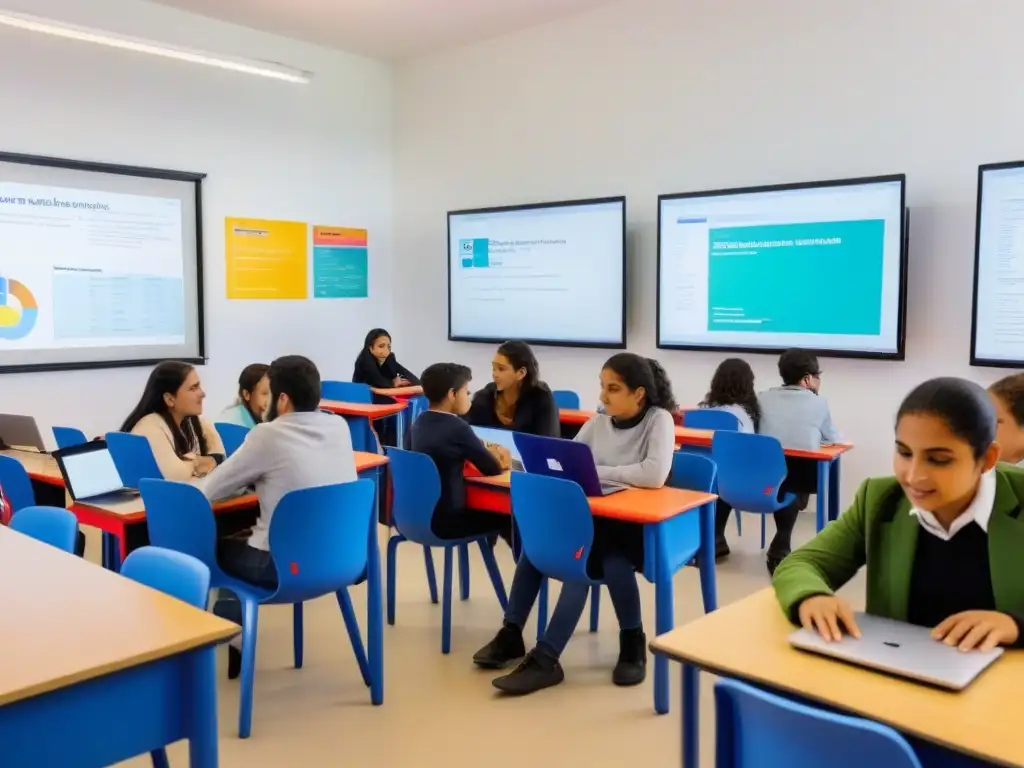 Un aula moderna en Uruguay con estudiantes usando software educativo open source en laptops, creando un ambiente inclusivo y exitoso