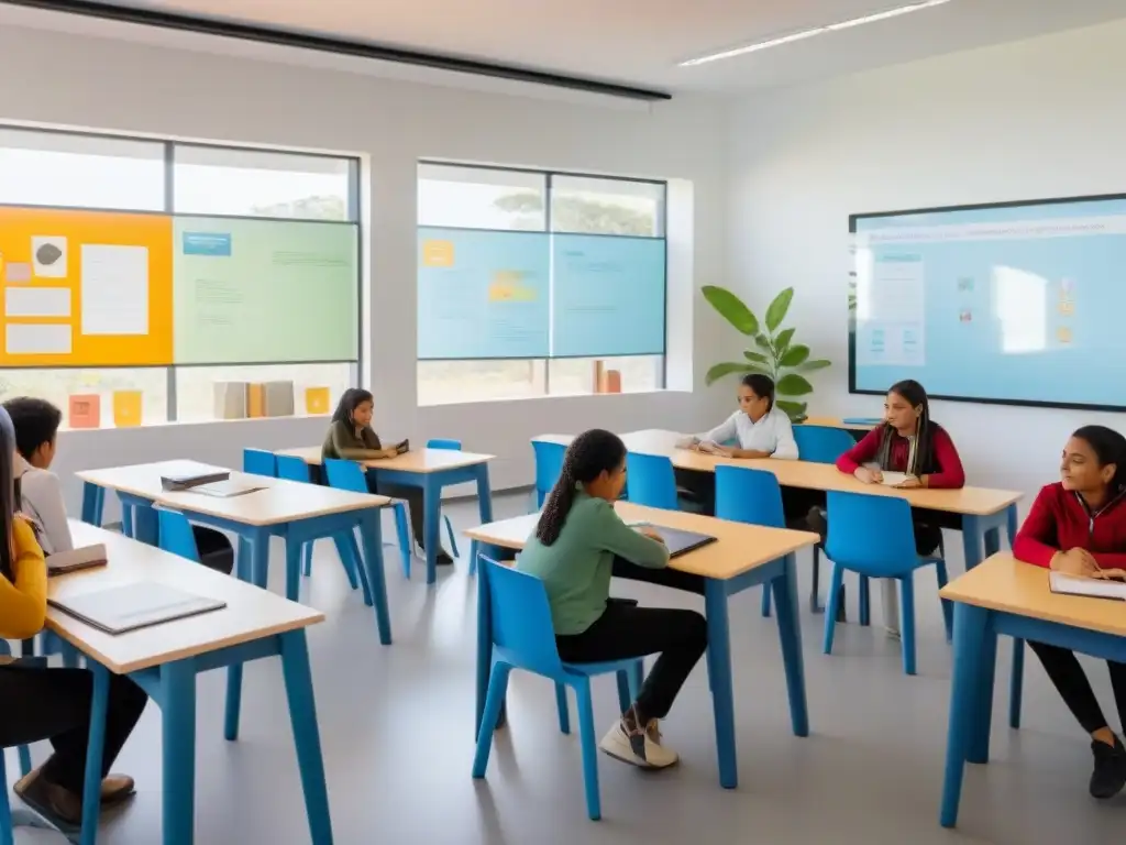 Un aula moderna en Uruguay con estudiantes diversos colaborando y usando tecnología, reflejando una evaluación 360 grados del aprendizaje estudiantil