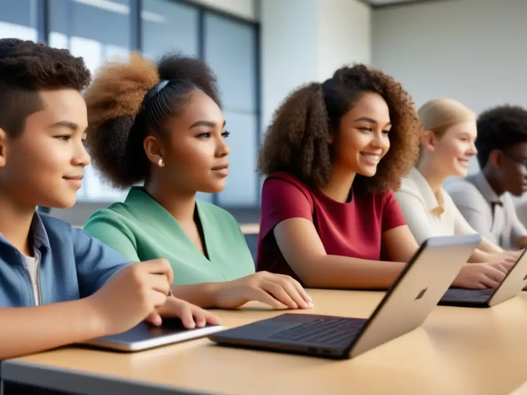 Un aula moderna con estudiantes diversos usando tecnología educativa