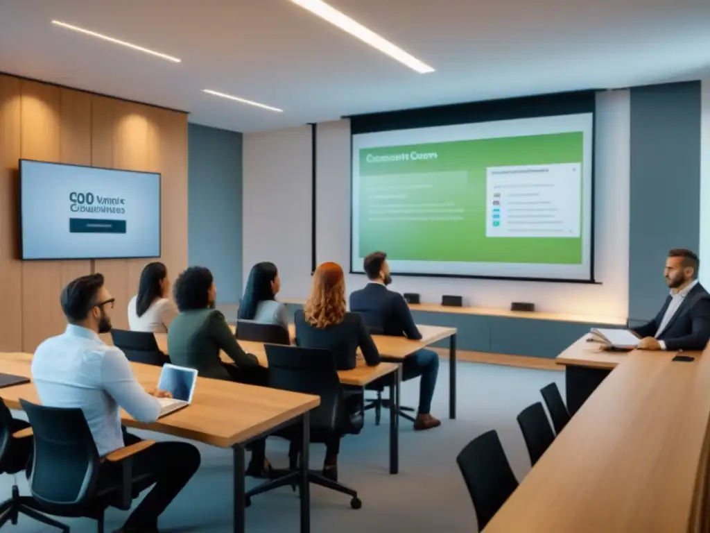 Un aula moderna en Uruguay con estudiantes de MBA diversos, tecnología avanzada y luz natural