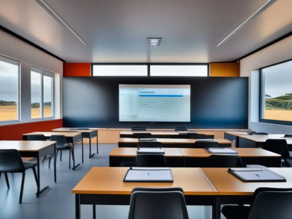 Clase moderna en Uruguay: diseño minimalista y tecnología de vanguardia Aula moderna en Uruguay con educación financiera en Uruguay, diseño minimalista y tecnología avanzada, bañada de luz natural