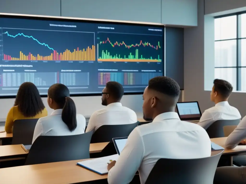 Un aula moderna con jóvenes estudiantes atentos en clase de educación financiera