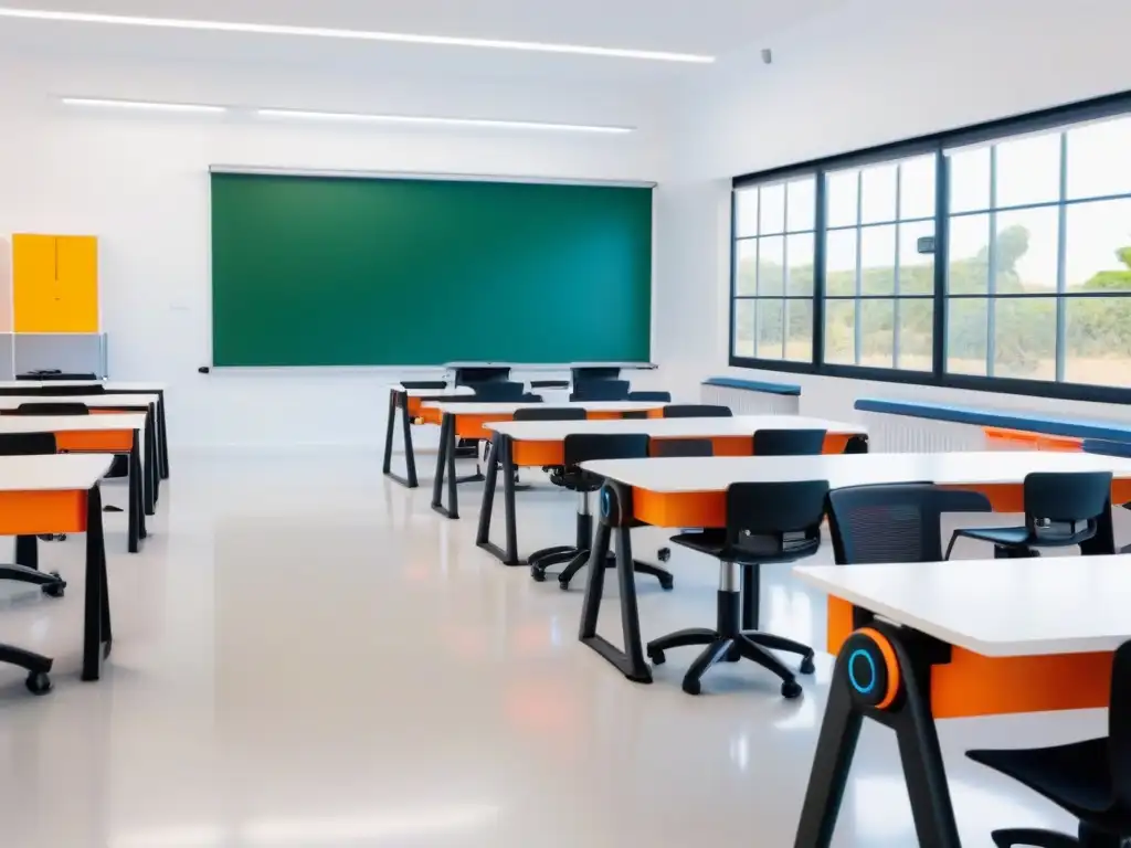 Un aula moderna en Uruguay con kits de robótica educativa en Uruguay, bañada en luz natural y robots coloridos