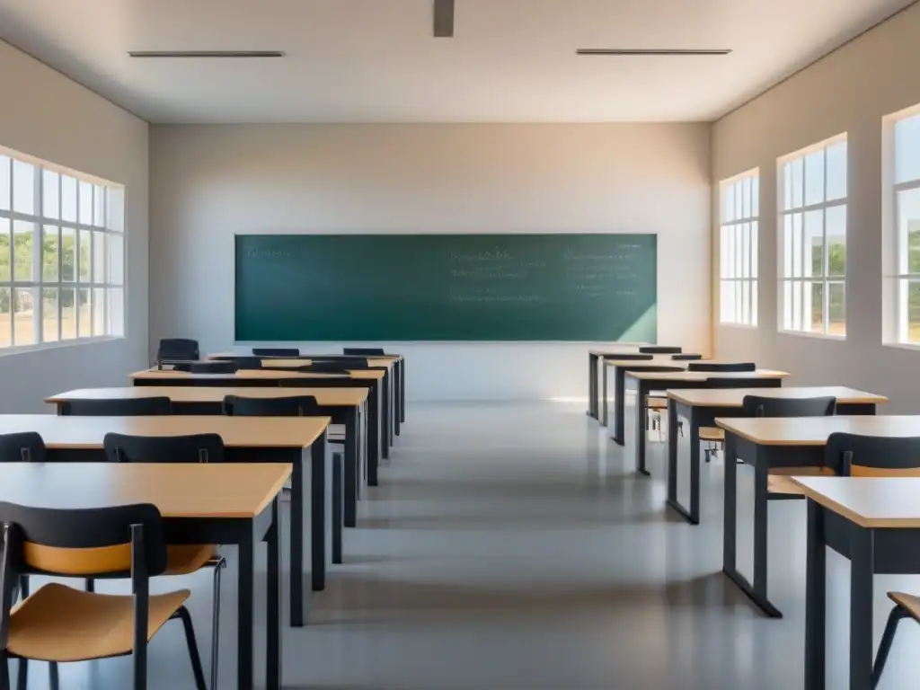 Un aula moderna en Uruguay, con líneas limpias, colores neutros y muebles ergonómicos