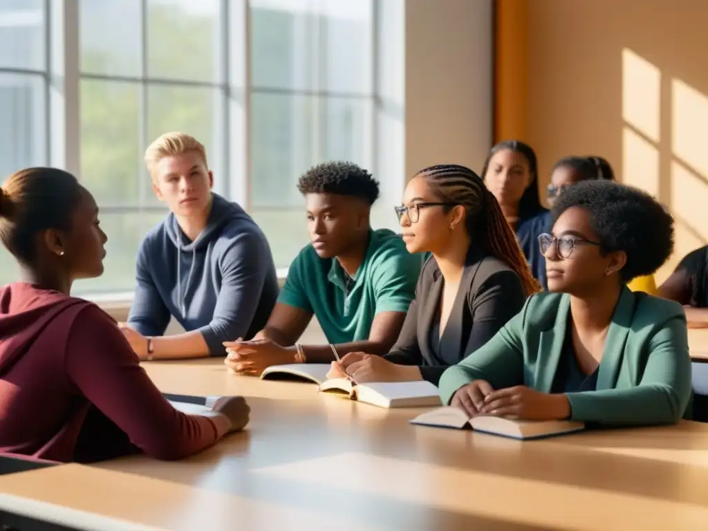 Un aula moderna llena de diversidad e inclusión, donde estudiantes estudian juntos en armonía