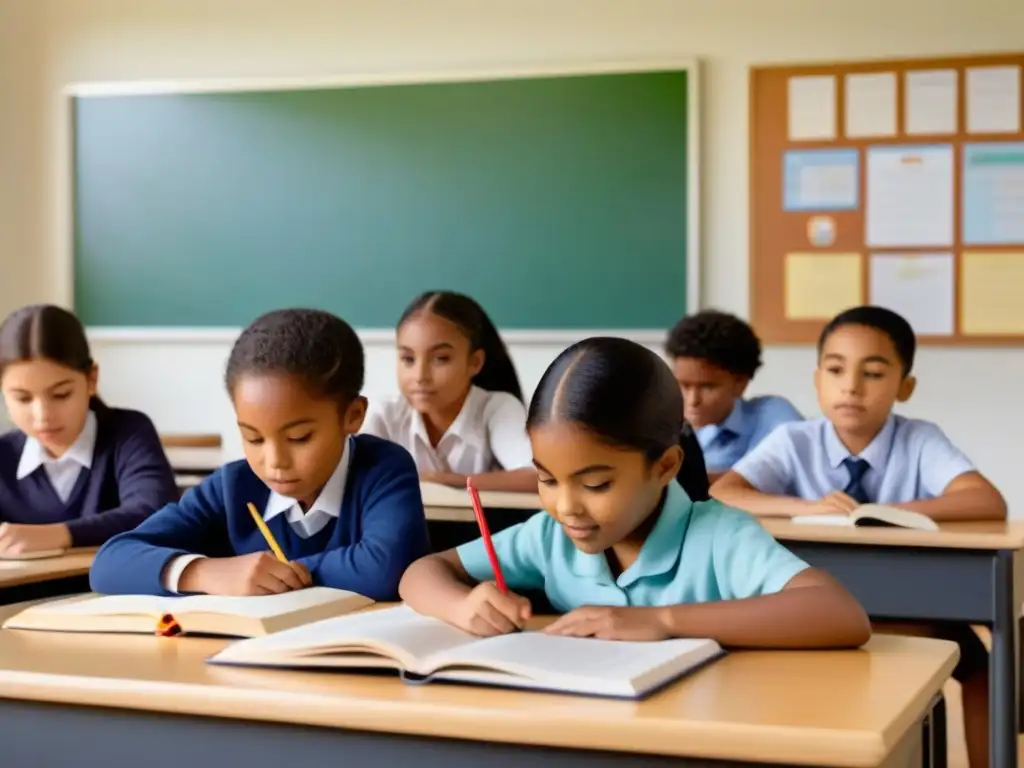 Un aula moderna llena de luz natural con niños de diversas etnias estudiando juntos, rodeados de libros y computadoras