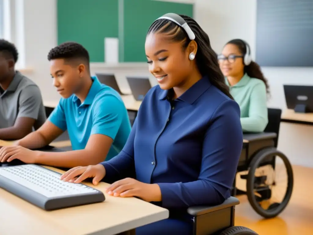 Un aula moderna y luminosa donde alumnos con diferentes habilidades utilizan tecnologías asistivas para una educación inclusiva en Uruguay