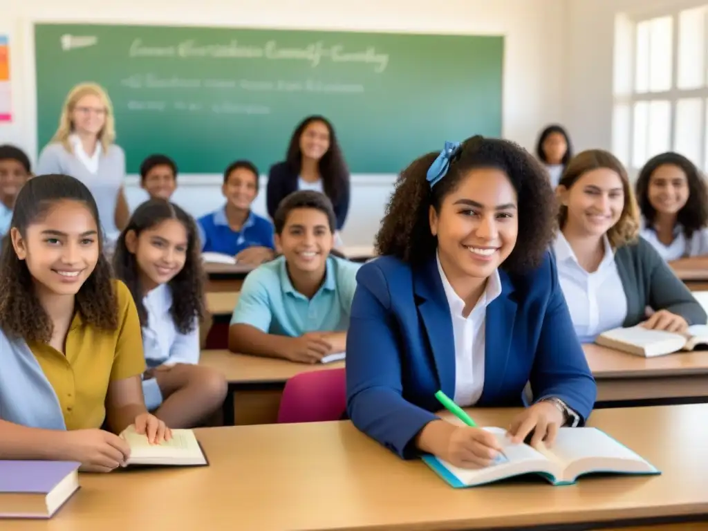 Una aula moderna y luminosa en Uruguay, donde estudiantes diversos colaboran