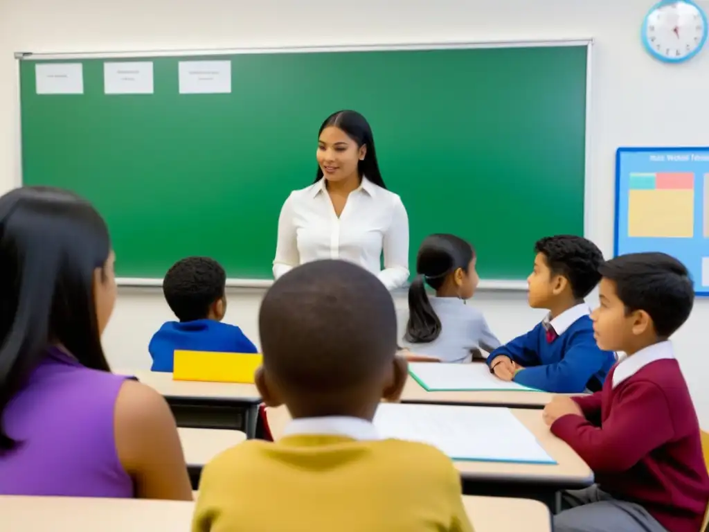 Clase bilingüe inclusiva: aprendizaje efectivo y participativo Un aula moderna y luminosa donde estudiantes participan en un programa bilingüe de educación en Uruguay, atentos a la lección del profesor