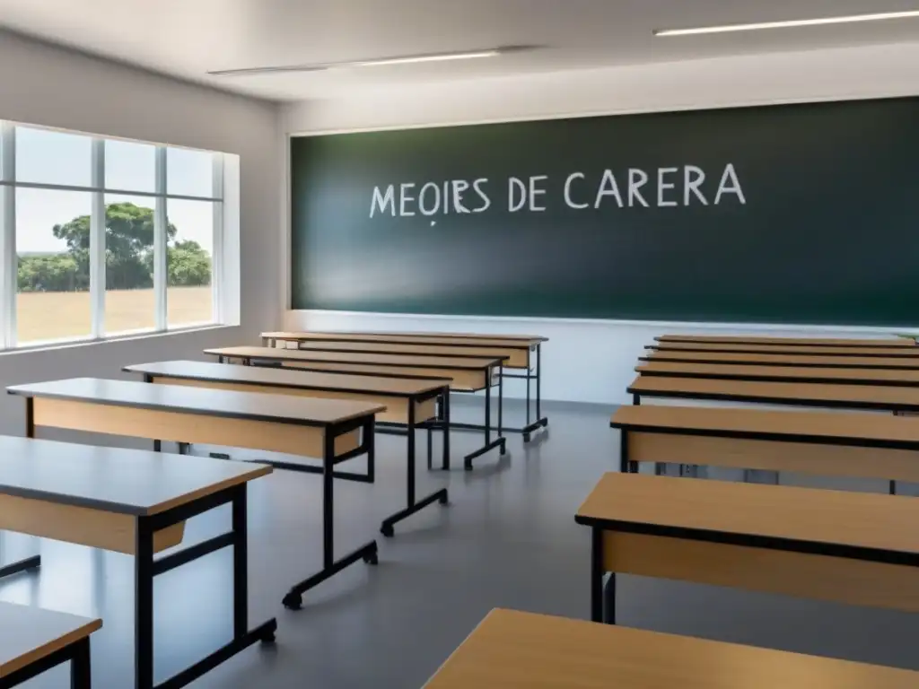 Un aula moderna y luminosa en Uruguay con la frase 'Mejores opciones de carrera' en el pizarrón