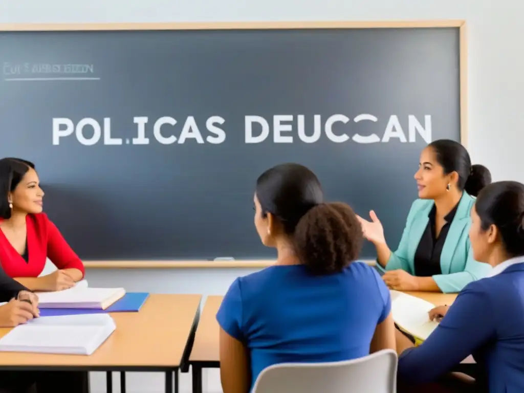 Un aula moderna y luminosa donde un profesor de origen hispano lidera una discusión sobre 'Políticas educativas educación adultos Uruguay'