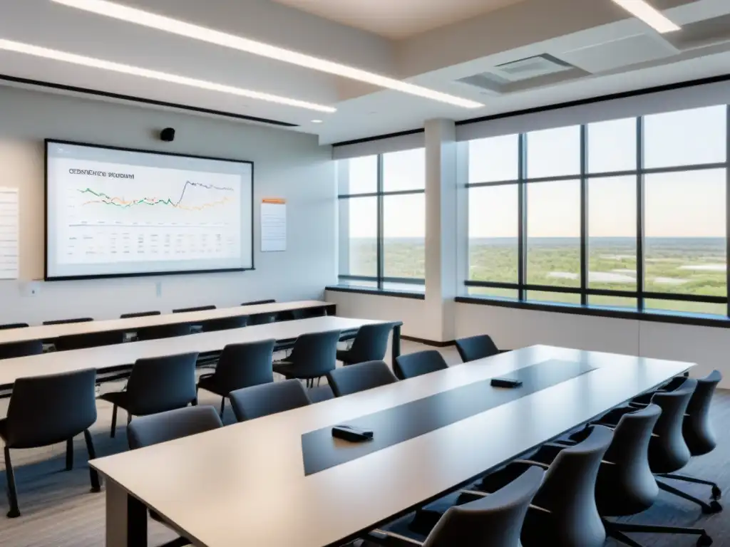 Salón moderno de finanzas: inspiración y elegancia en 8k Una aula moderna y minimalista con gráficos financieros complejos, sillas ergonómicas y luz natural en Uruguay