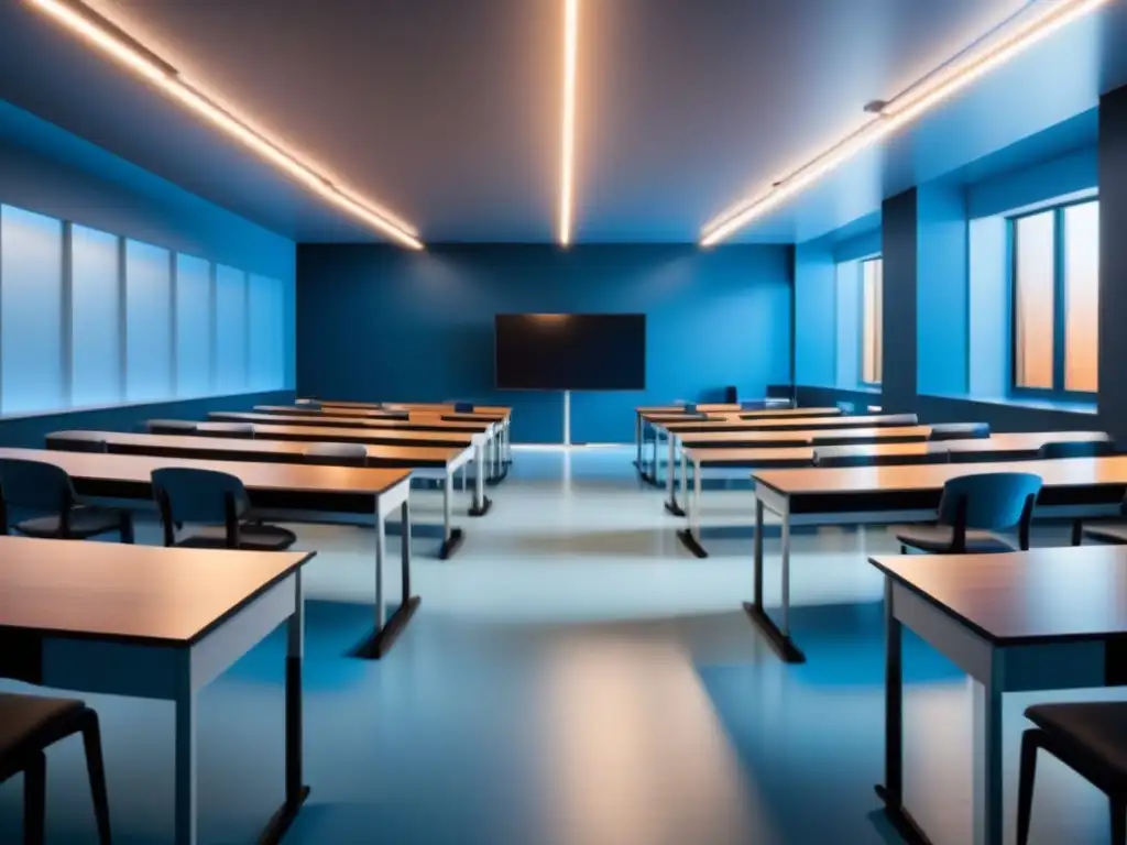 Un aula moderna y minimalista en 8k, iluminada por lámparas de escritorio, en tonos azules