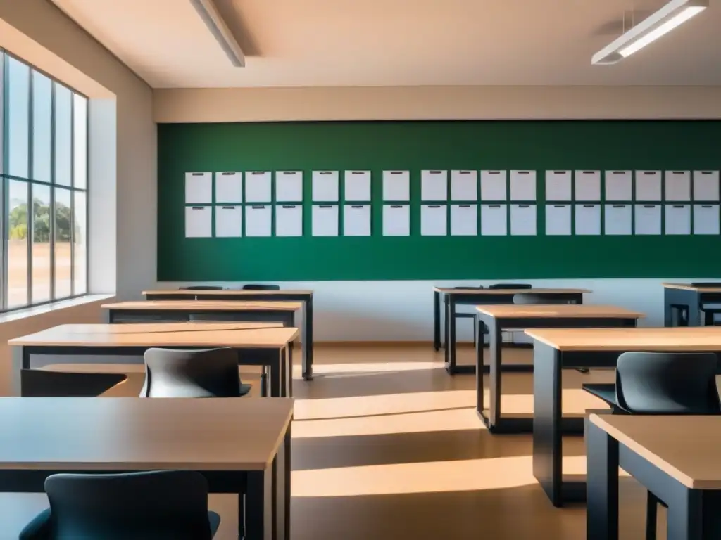 Un aula moderna y minimalista en una institución educativa de startups en Uruguay, con mobiliario ergonómico y motivadoras decoraciones