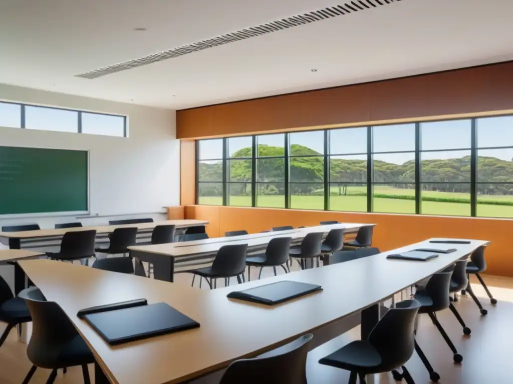 Un aula moderna y minimalista en Uruguay, con mobiliario ergonómico, pizarras interactivas y vista a un patio verde