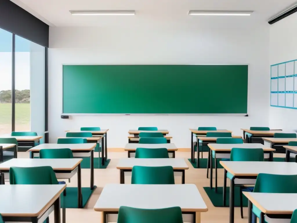 Un aula moderna y minimalista en Uruguay para educación bilingüe, con pizarra, escritorios, sillas ergonómicas, ventana y estantería de recursos