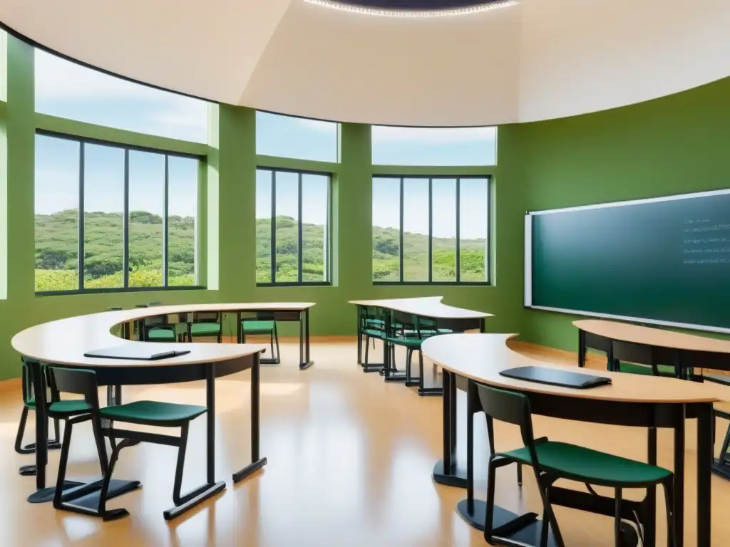 Aula minimalista en Uruguay: innovación educativa Un aula moderna y minimalista en Uruguay con una pizarra digital interactiva y vista verde
