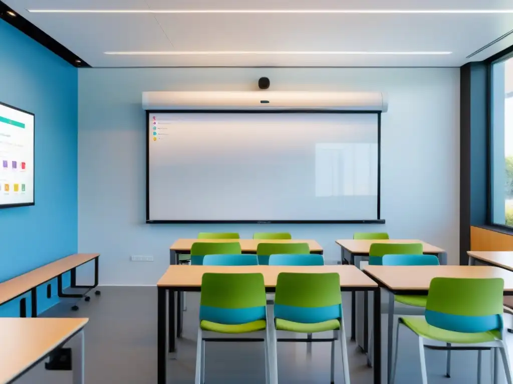 Un aula moderna y minimalista en una startup educativa en Uruguay, con tecnología innovadora y ambiente inspirador