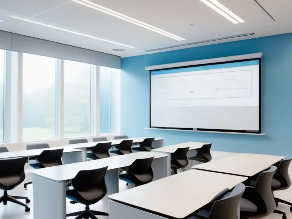 Un aula moderna y minimalista con tecnología educativa avanzada