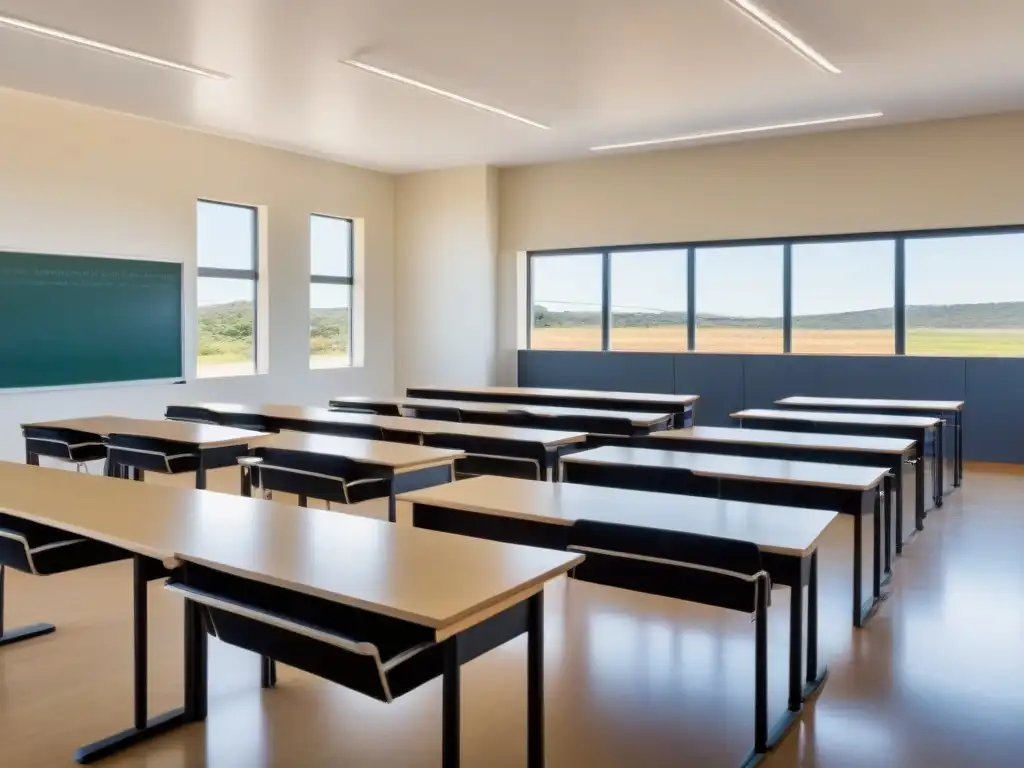 Clase moderna en Uruguay: armonía educativa Un aula moderna en Uruguay con mobiliario elegante y ordenado, pizarrón blanco y luz natural