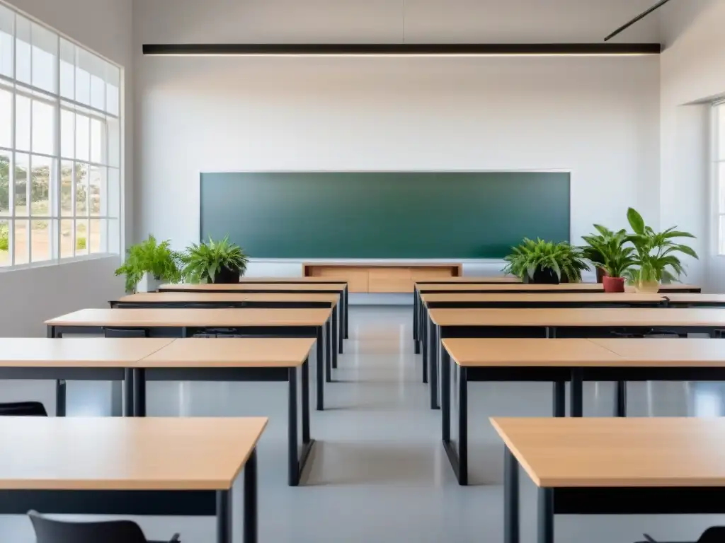 Un aula moderna en Uruguay con mobiliario de madera, pizarra interactiva y plantas