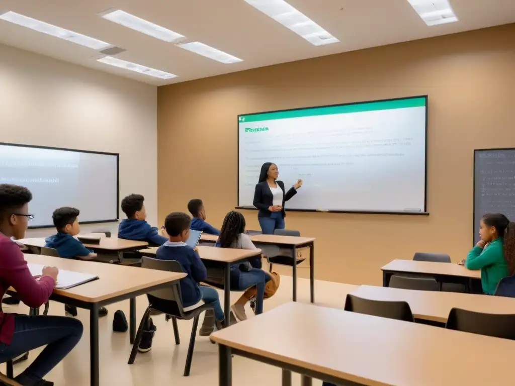 Aula moderna y multicultural con estudiantes colaborando en actividades, destacando la evaluación calidad programa bilingüe