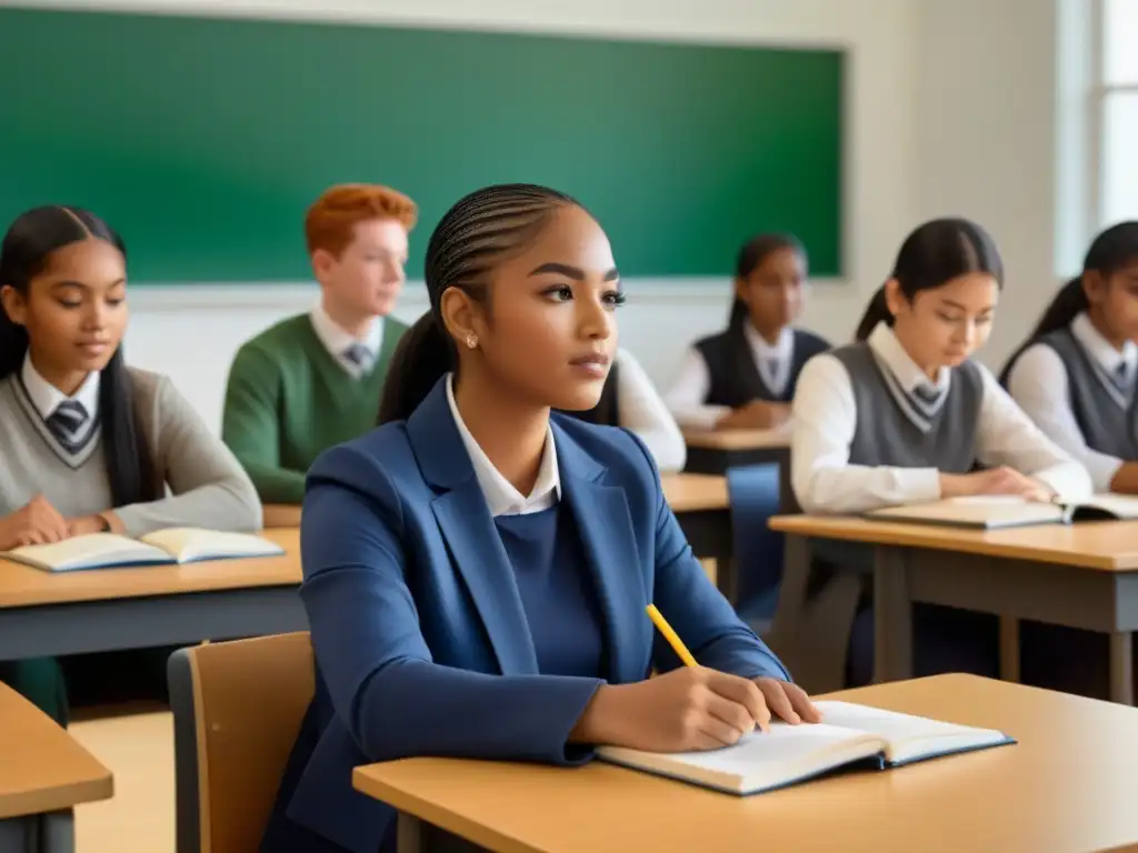 Un aula moderna y multicultural en Uruguay, con estudiantes colaborando en programas bilingües efectivos