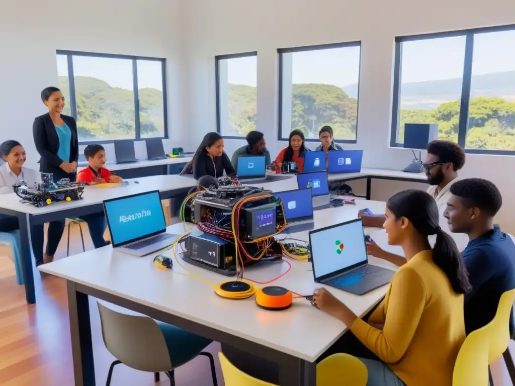Un aula moderna en Uruguay donde niños de diversas etnias y géneros colaboran programando robots