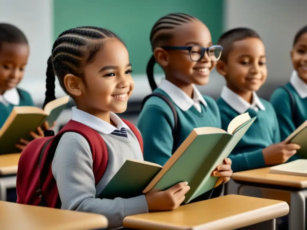 Un aula moderna donde niños de diversas etnias leen juntos, promoviendo el multiculturalismo en Uruguay