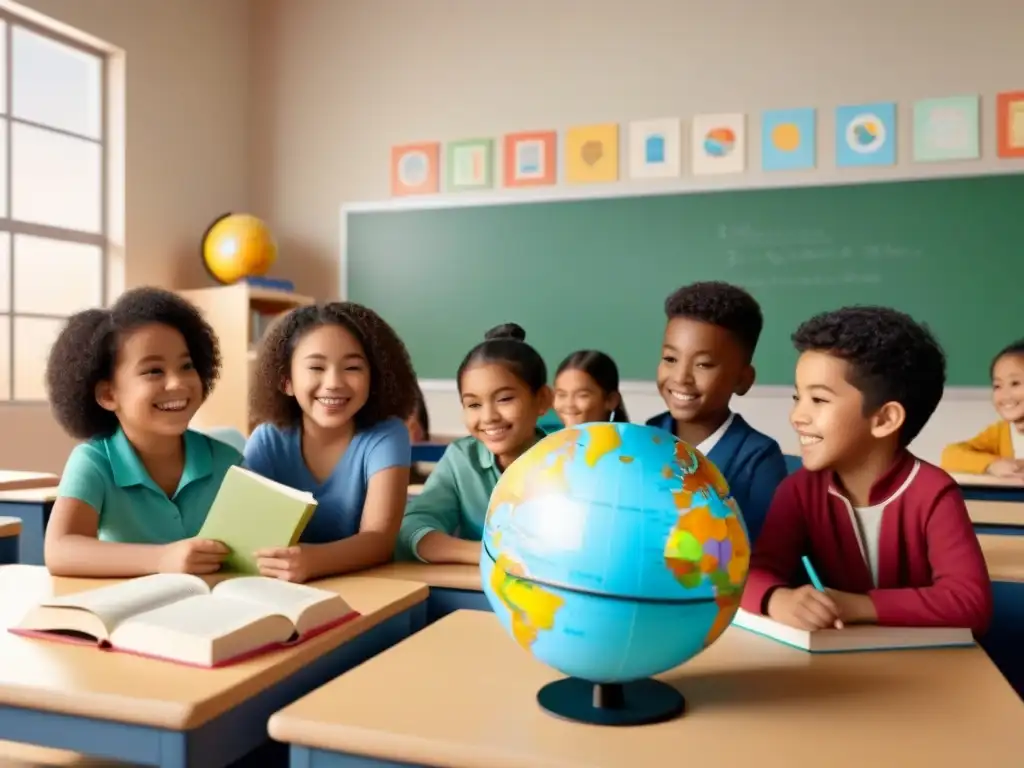 Un aula moderna con niños diversos estudiando juntos en armonía, reflejando la educación bilingüe en Uruguay