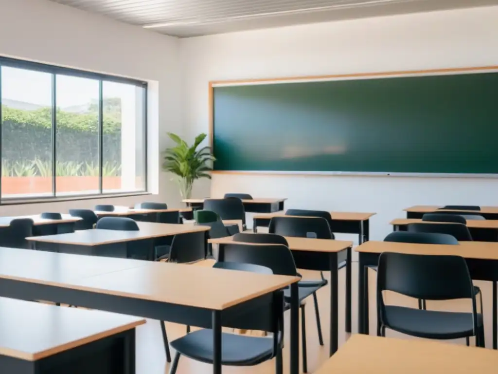 Un aula moderna en Uruguay, ordenada y lista para aprender, con tecnología y plantas, integrando Edmodo en educación en Uruguay