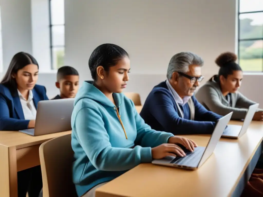 Un aula moderna en Uruguay con personas de distintas edades y etnias concentradas en dispositivos digitales