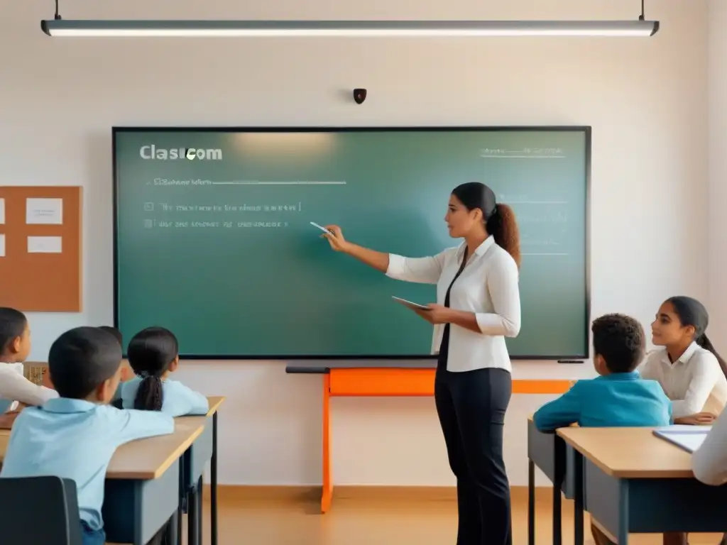 Aula moderna en Uruguay con Pizarra Digital Interactiva y estudiantes diversos participando en clase con contenido educativo colorido