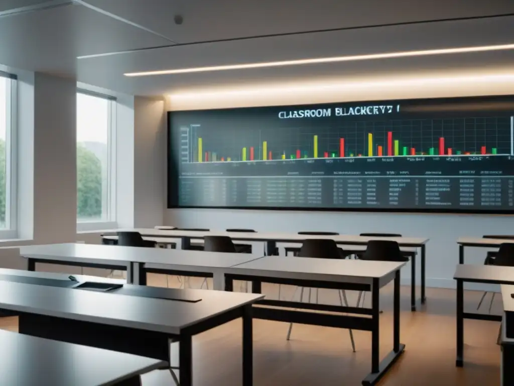 Un aula moderna con pizarrón de gráficos financieros, mesas blancas y luz natural