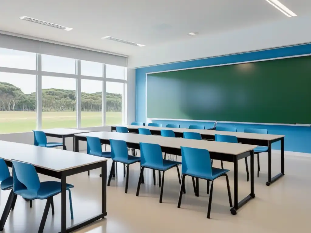 Un aula moderna en Uruguay con plataformas elearning gratuitas, muebles elegantes y luz natural