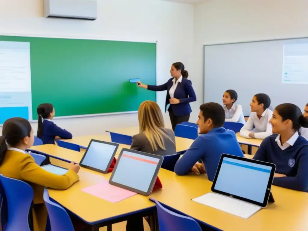 Un aula moderna en Uruguay con políticas educativas innovadoras, estudiantes colaborativos y tecnología educativa