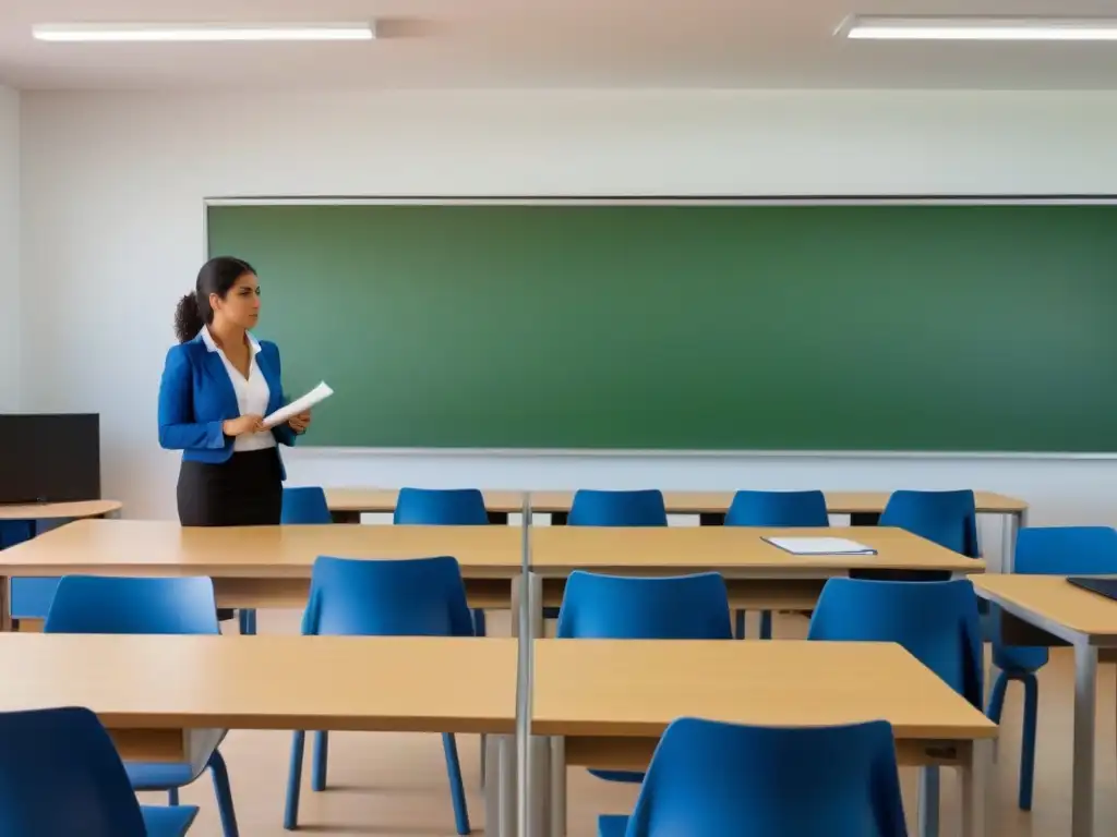 Un aula moderna en Uruguay con prácticas de enseñanza innovadoras, estudiantes comprometidos y elementos tradicionales